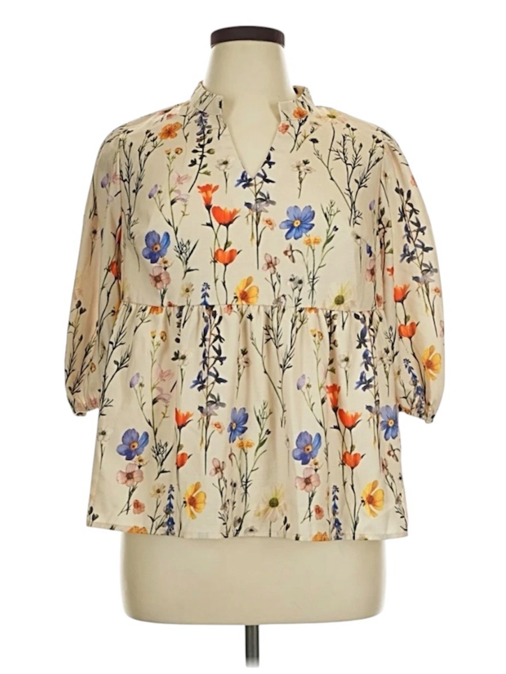 Boho Floral Print Blouse Sz 5XL Puff Bubble Sleeve Babydoll V-Neck Cottagecore